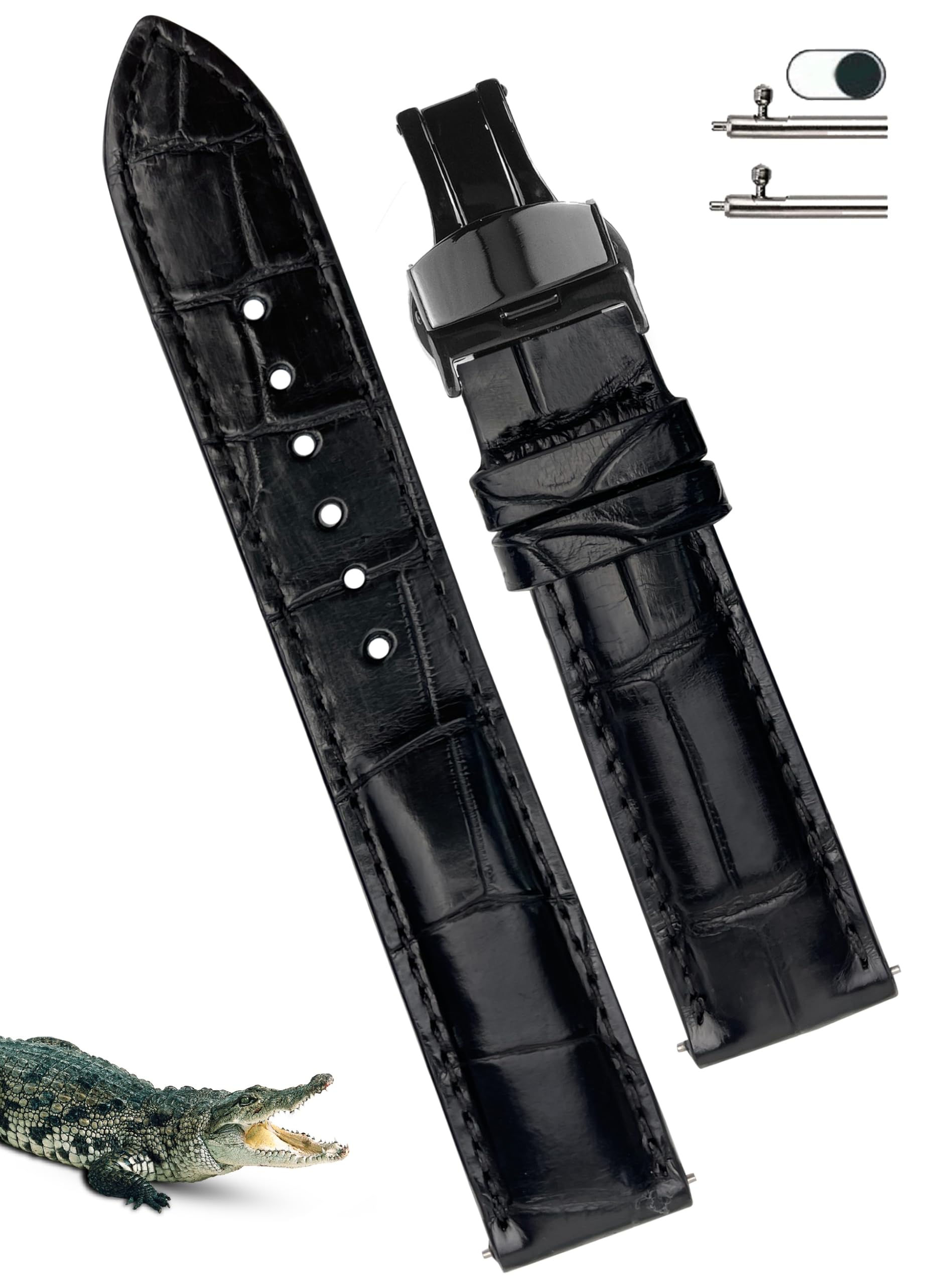 [vinacreations] 22mm Black Crocodile Watch Strap with D-Buckle, Men s Crocodile Replacement Watch Band with Quick Release Spring Bar, Black