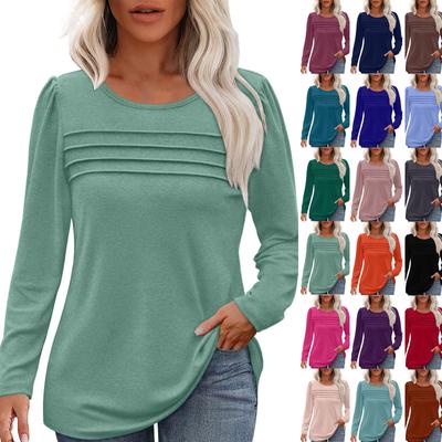 Women's Loose Casual Solid Color Round Neck Pleated Long Sleeved Top Fashionable Top