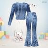 Girls Abstract Printed Round Neck Long Sleeve Top And Flared Pants Two Piece Set
