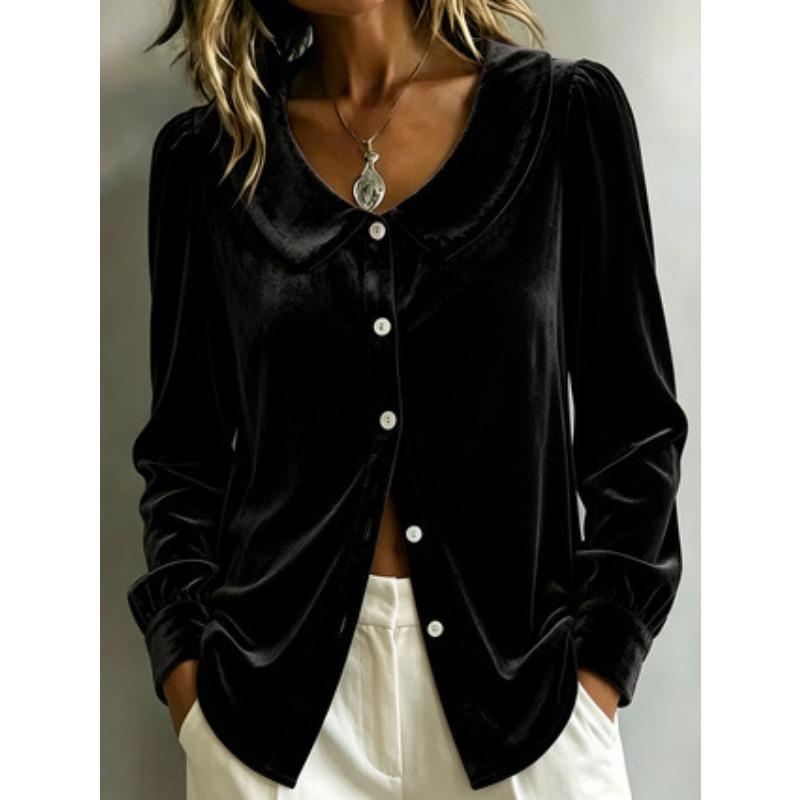 Langarm-Samtshirt Knopfleiste Französischer Kragen Herbst Winter Bluse