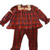 Women's Red Plaid Lace-Trim Pajamas - Long Sleeve, Square Neck, Loose Fit