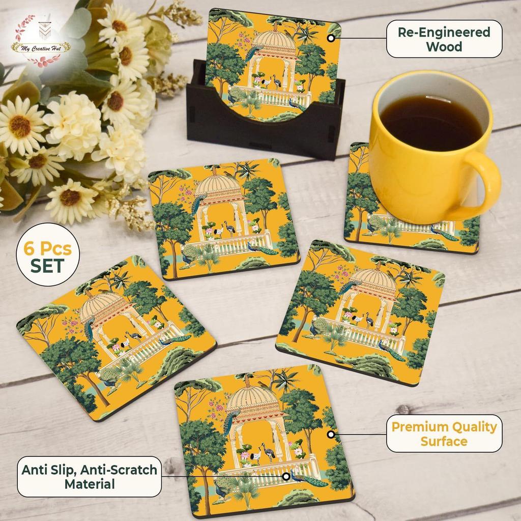 Tea Coasters Set of 6, Beautiful Design with Stand for Tea Cups, Coffee Mugs, and Glasses, Ideal for Diwali Gifting (Eden Garden)