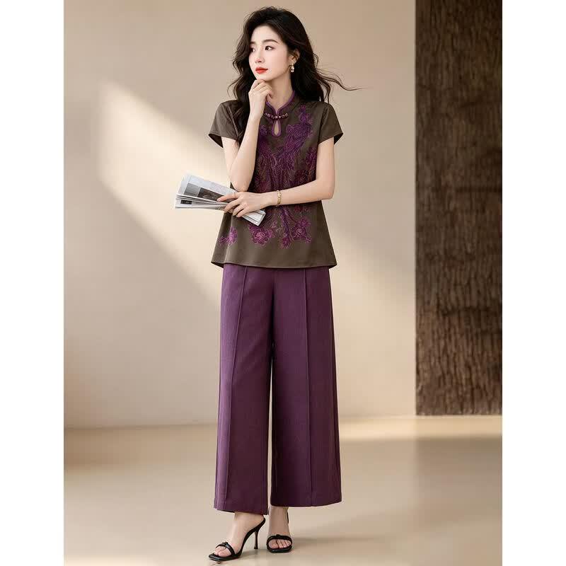 D.F.DEAR Classical Print Stand Collar Shirt & Wide-leg Pants Set