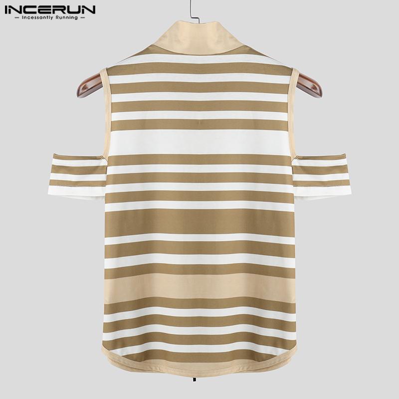 INCERUN Summer Men Cutout Short Sleeve Stitching Zipper Up Striped Casual T-shirts
