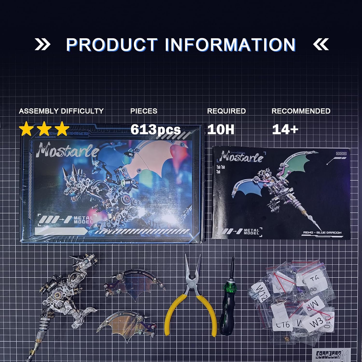 

Mostarle Reno Blue Dragon 3D Metal Puzzle Kit, 613 Pieces, Magnetic Assembly, LED Light-Up Color Changing Wings, Adjustable Display, DIY Mechanical