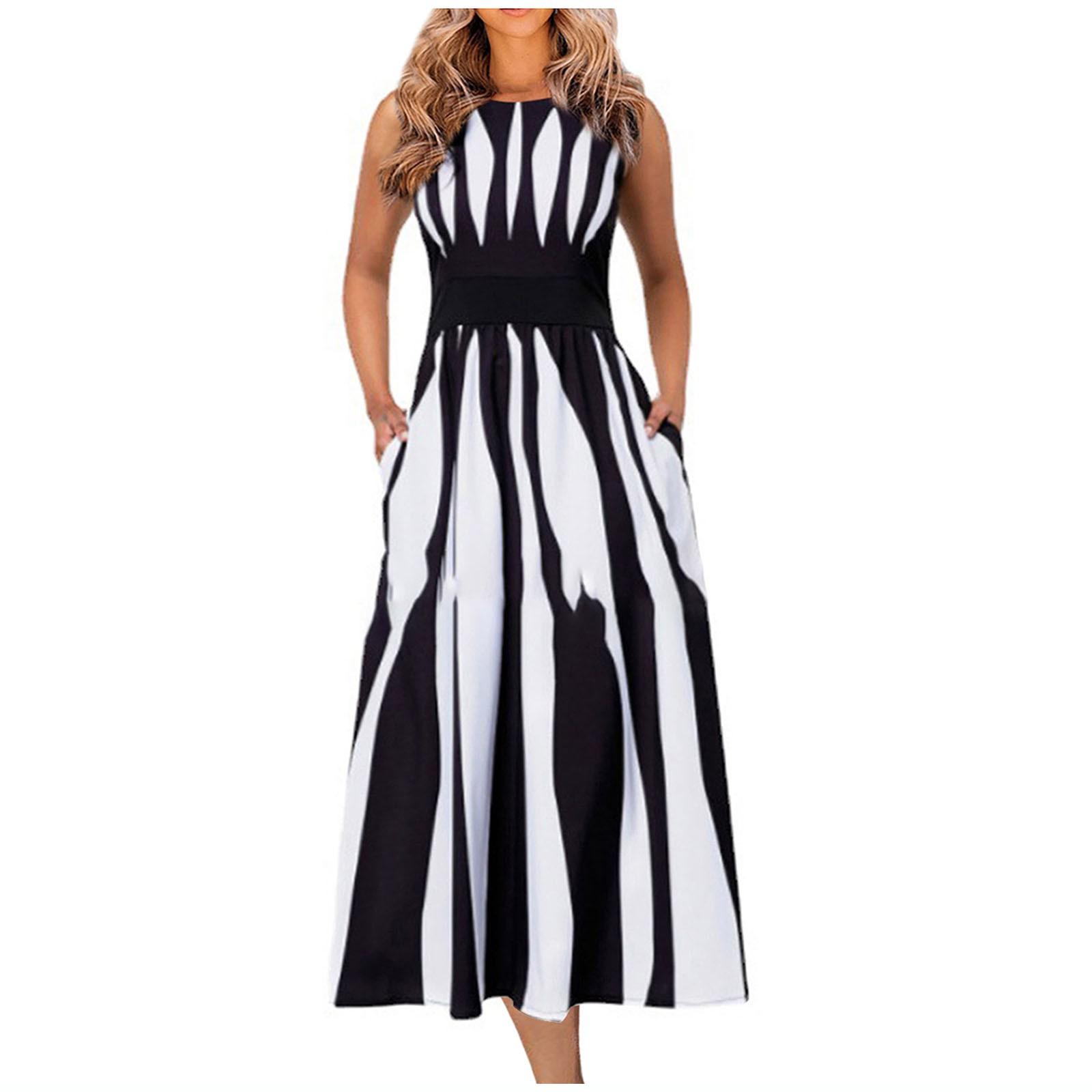 

Женское летнее модное повседневное полосатое платье с принтом, с круглым вырезом и закрытой талией, утягивающая юбка без рукавов XL белый