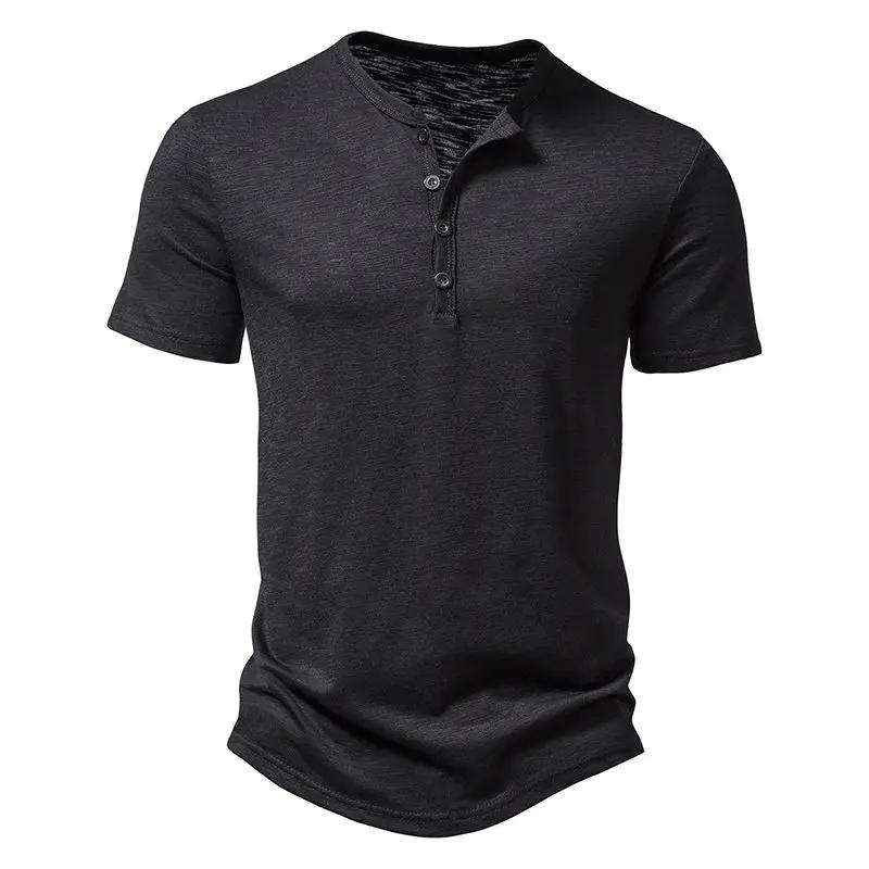 2025 Summer Men Short Sleeve T Shirt Men Fashion Henley Collar White Tshirt Mens Casual Slim Tops Tees Solid Color T-Shirt Man