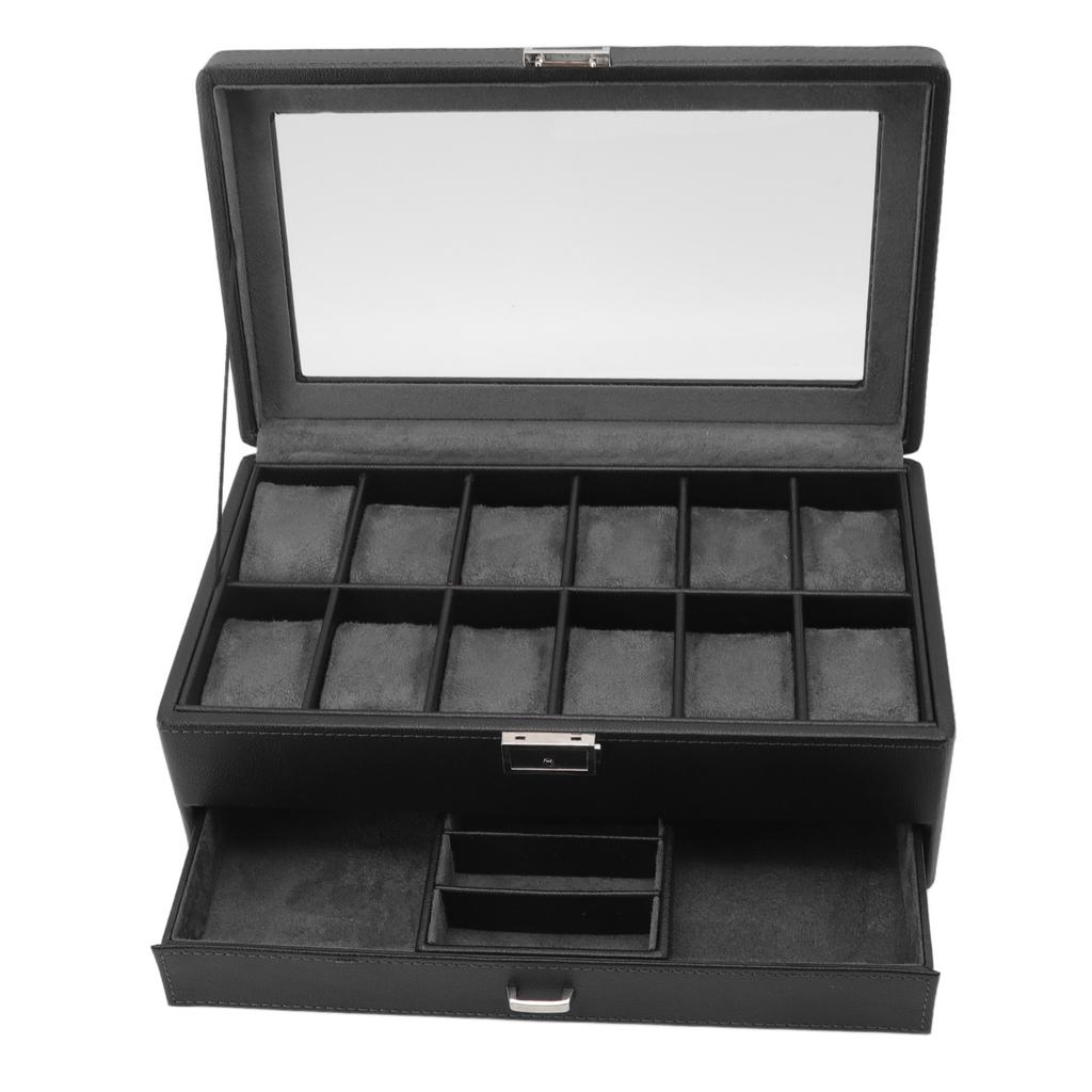 Organizator Cutie Ceas Model Litchi 12 Sloturi Cutie Depozitare Ceasuri Strat Dublu pentru Bărbați Femei Bijuterii
