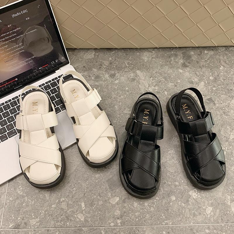 Women's Leather Muffin Sandals, Gladiator Shoes, Slip-on Toe, Thick Sole, New Collection for Summer 2025