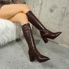 Pu Leather Black Women's Knee-High Riding Boots Pointed Toe Chunky High Heel Fashion Long Boots Brown Size 35-42 Botas Mujer