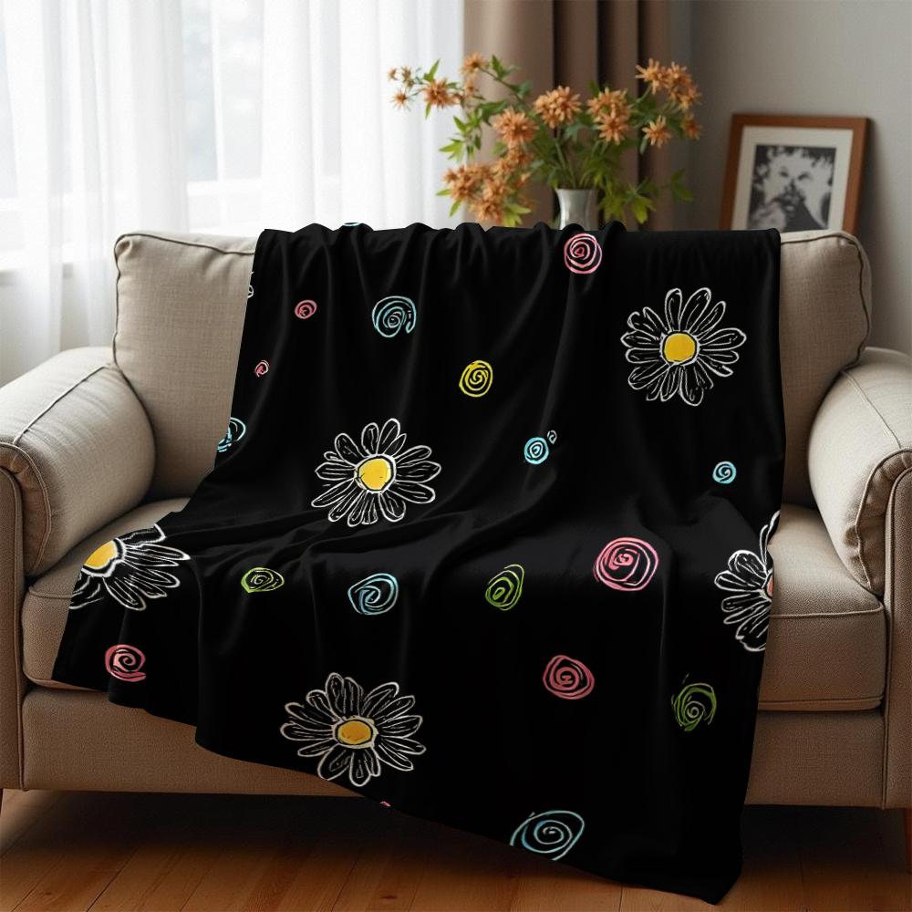 Doodle Gänseblümchen Wirbel Schwarz Anime Cartoon Flanelldecke Weiche Warme Decke für Schlafzimmer Sofa Auto Kinder Feiertagsgeschenk