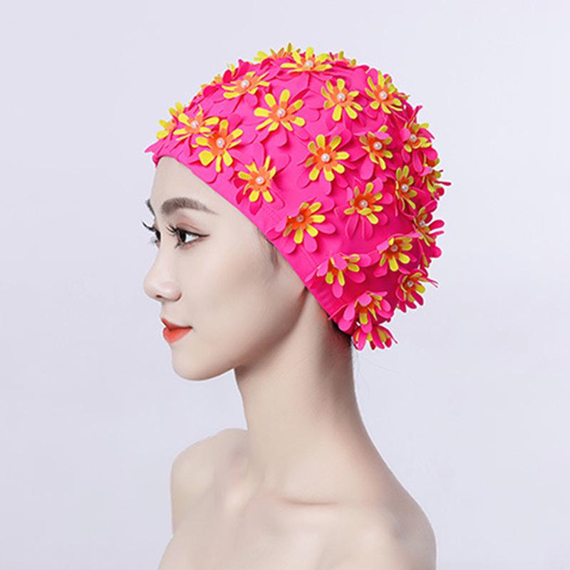 Women's Pearl Flower Handmade Swimming Cap - Three-Layer Design with Double-Layer Comfort