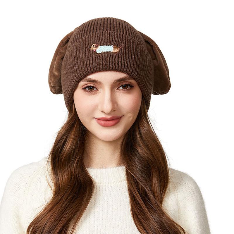 Pinch Ears Will Ring Knitted Hat Women Autumn Winter Windproof Warm Embroidered Dog Wool Hat