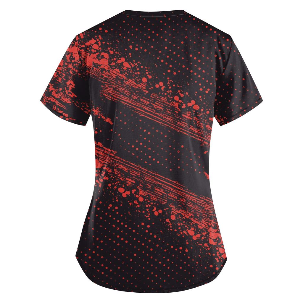 Damskie urocze ubrania do pracy z nadrukiem dekolt V podwójna warstwa kieszenie podstawowy top z krótkim rękawem wkładany Walentynki