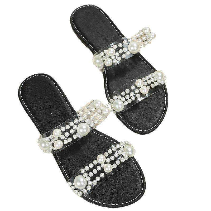 Foreign Trade Large Size Flat-bottomed Slippers Women's 2025 Summer New Round Head Pearl One-word Outer Wear Casual Beach Cool Slippers