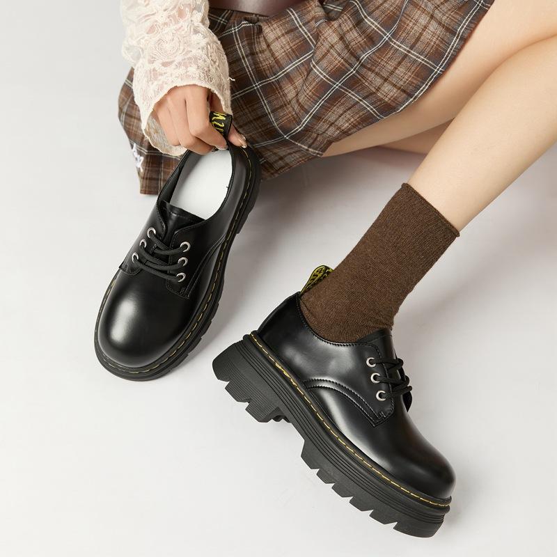 Platform Spring New JK College Style Small Leather Shoes Retro Black Lace-up Single Shoes