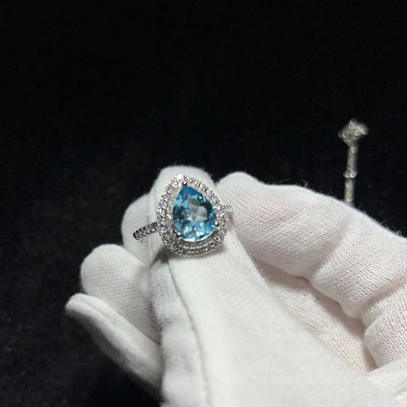 S925 Sterling Silver Adjustable Aquamarine Water Drop Ring for Women - Trendy, Inlaid Open Band, Simple Design for Index Finger