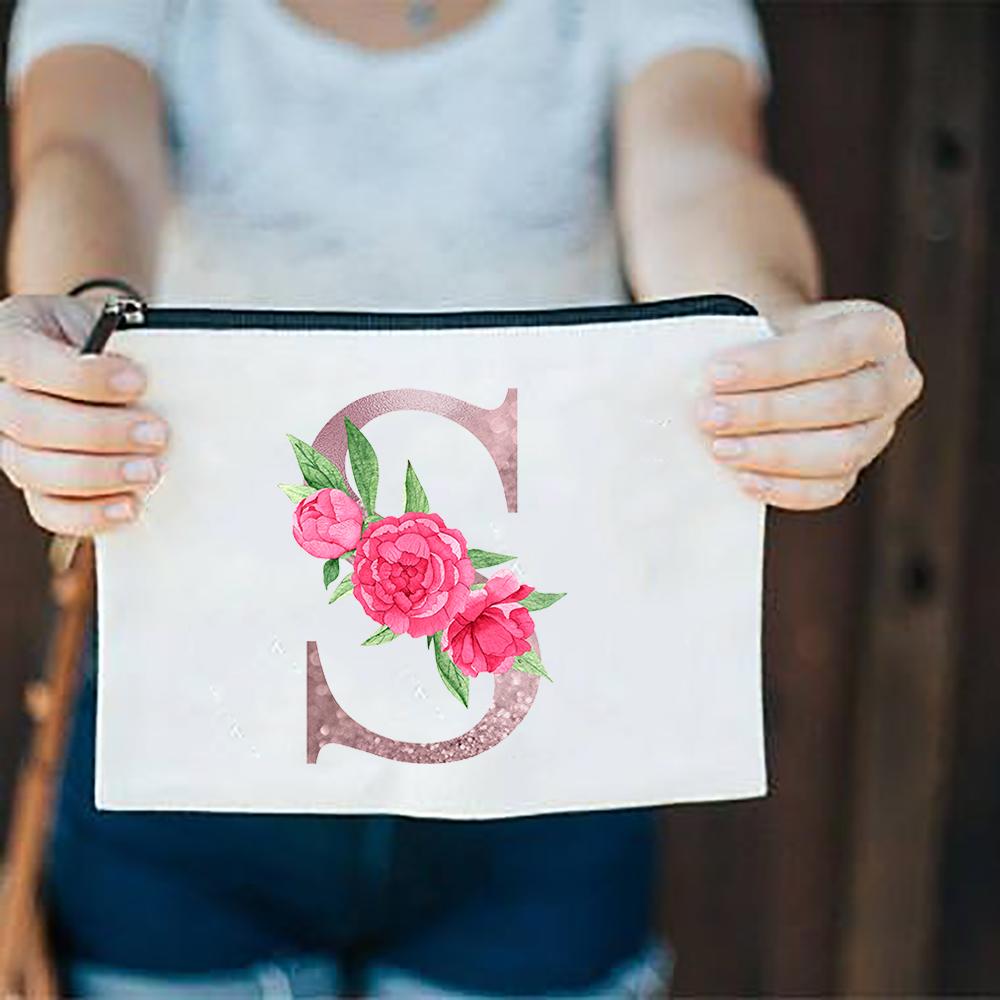 

Розовые цветы алфавит AZ белые холщовые косметички косметичка на молнии женская повседневная мода органайзер для хранения косметичка