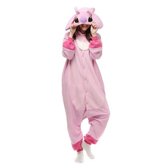 Damen-Schlafanzug mit Cartoon-Figuren, dicker Polarfleece, Knopfverschluss, tiefer Schritt, lange Ärmel, Kapuze mit Ohrendekor, Winter-Nachtwäsche, Party-Cosplay-Outfit