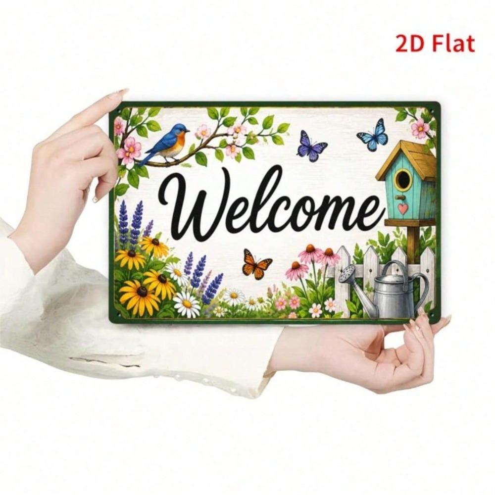 1pc Wildflower Blue Bird Butterfly Metal Tin Sign, Rustic Welcome Plaque for Front Door, Cottage Garden Decor Indoor/Outdoor