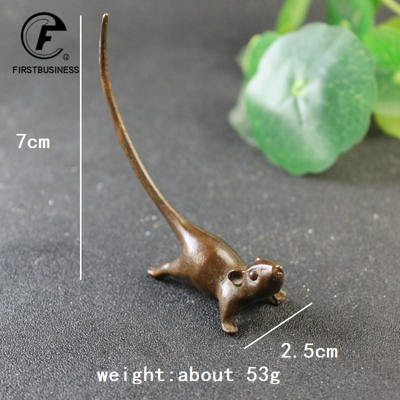 Long Tail Mouse Miniature Figurine Chinese Style Tea Pet Vintage Pure Copper Rat Ornament Desk Craft Home Decoration Accessories