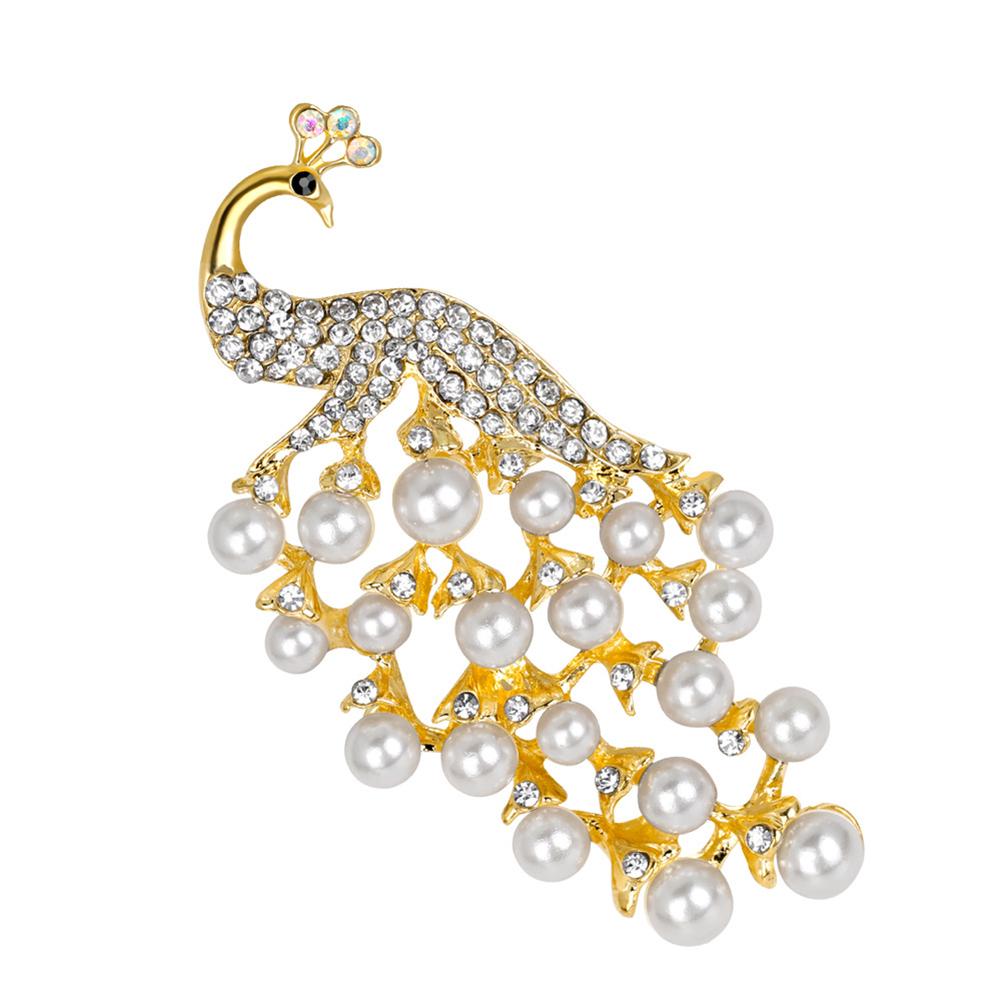 Women Girls Refined Brooches Fashionable High-end White Pearl Peacock Elegant Sparkling Rhinestone Breastpin Pin