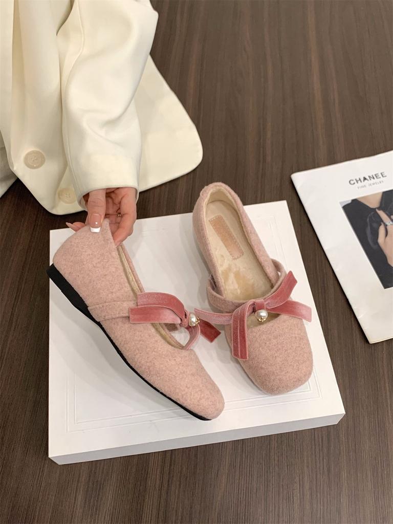 Inner Height Increase Pink Mary Jane Fluffy Shoes Women's Shoes 2024 Autumn and Winter Warm Cotton Shoes Bow Pearl Single Shoes