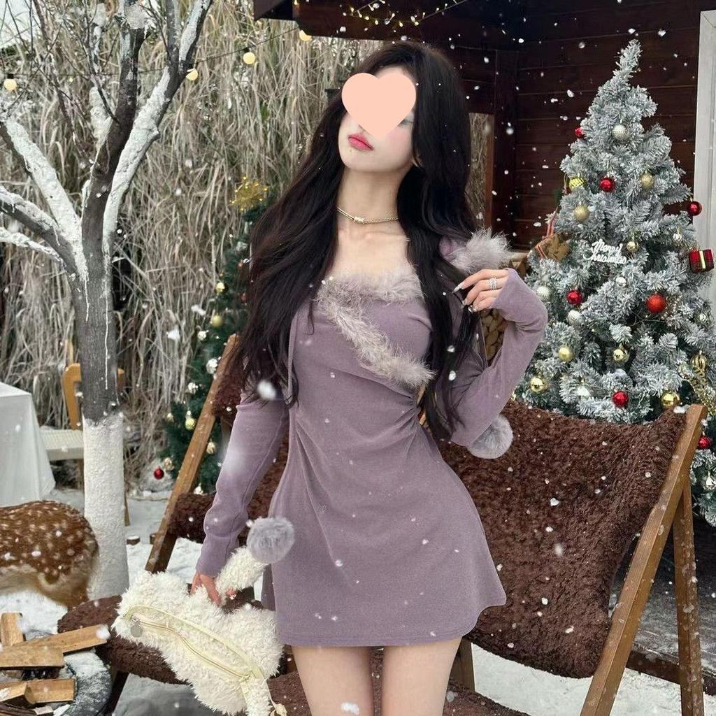 Women's Fuzzy Patchwork Hooded Knitted Dress - Waist-Slimming Long Sleeve Bodycon Mini