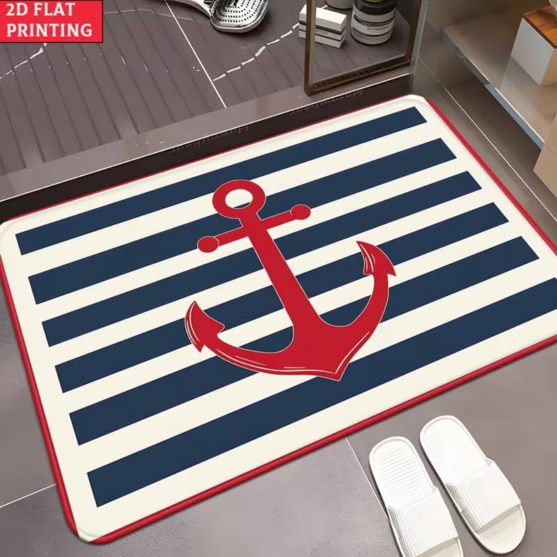 Marineblau Goldener Anker Nautische Seilrand Fußmatte Rutschfest Küsten Segler Willkommensmatte Klassischer Marine-Stil Dekor Teppich