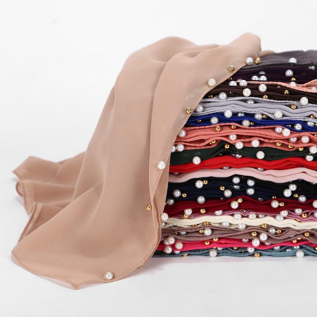 Women's Solid Chiffon Pearl Scarf, Elegant Beaded Hijab Shawl, Muslim Headscarf for Daily/Party