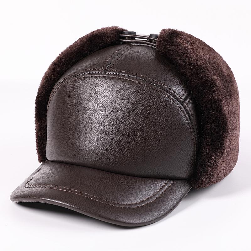 Men's Winter Genuine Leather Lei Feng Hat - Warm Duckbill Cowhide Cap for Elderly