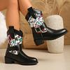 Vintage Flower Embroidery Western Boots Women Fashion Buckle Thick Heel Ankle Boots Woman Slip On Pointed Toe Short Booties 43