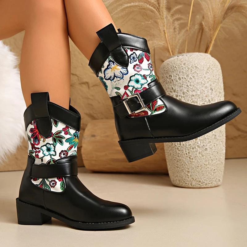 Vintage Flower Embroidery Western Boots Women Fashion Buckle Thick Heel Ankle Boots Woman Slip On Pointed Toe Short Booties 43
