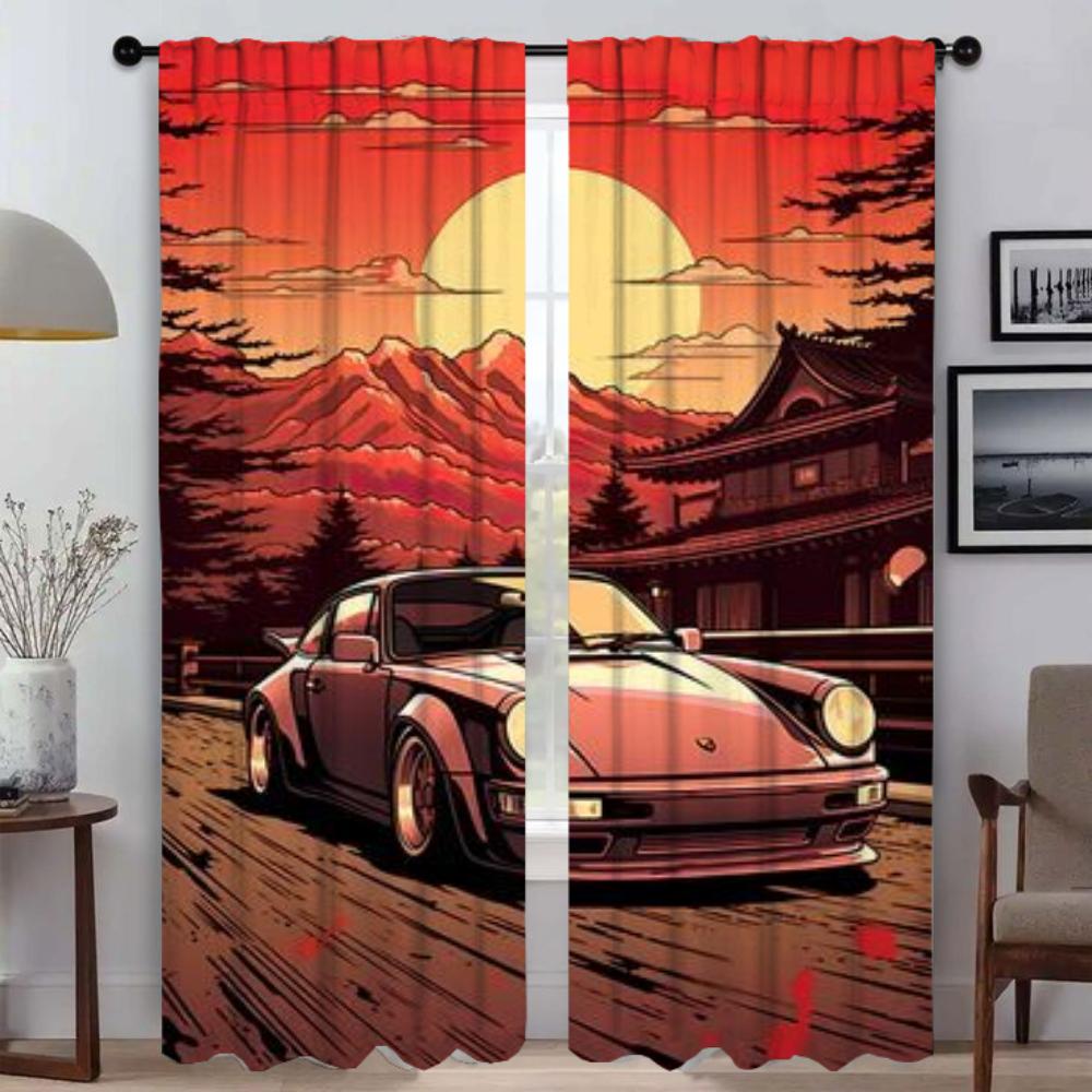 Kitchen Curtains for Living Room Car In the Sun Home Interior Curtains 2 Pieces Tulle for Bedroom Halloween Decoration Partition
