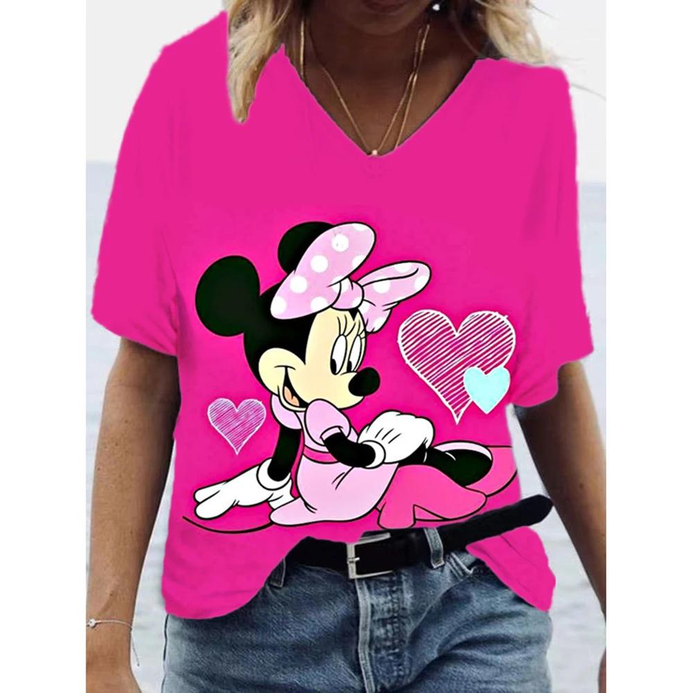 

Жіночі футболки леді квітковий друк короткий рукав модна футболка Disney Мінні Міккі Маус літні топи жіноча висока вулиця V-подібним вирізом Топ 4XL