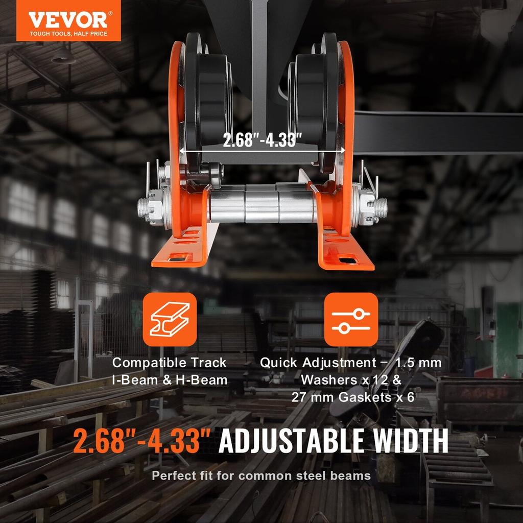 Electric Hoist Manual Trolley, 2200 lbs/1 Ton Capacity for PA200 PA250 PA300 PA400 PA500, Push Beam Trolley with Dual Wheels, 2.68"-4.33" Adjustable