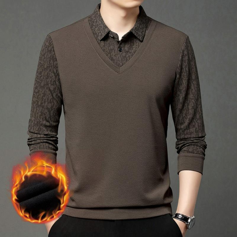 Plus Velvet Men's Long-sleeved T-shirt Winter Vacation Two-piece Middle-aged Lapel Thickened Warm T-shirt Men's Bottoming Shirt