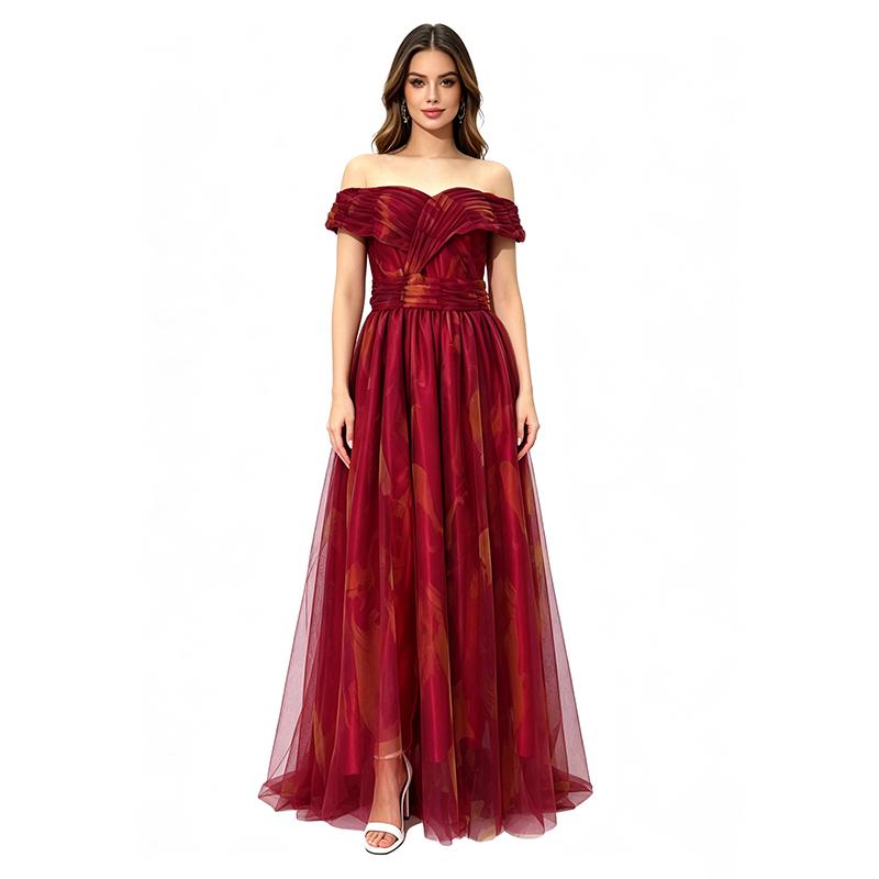Women`s Burgundy Print Off-the-Shoulder Evening Gown