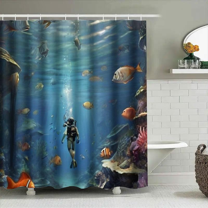 Zestaw zasłony prysznicowej 3D Życie oceaniczne Nurkowanie Dekoracja podwodnego świata do łazienki Wodoodporne zasłony z tkaniny z nadrukiem z haczykami (1