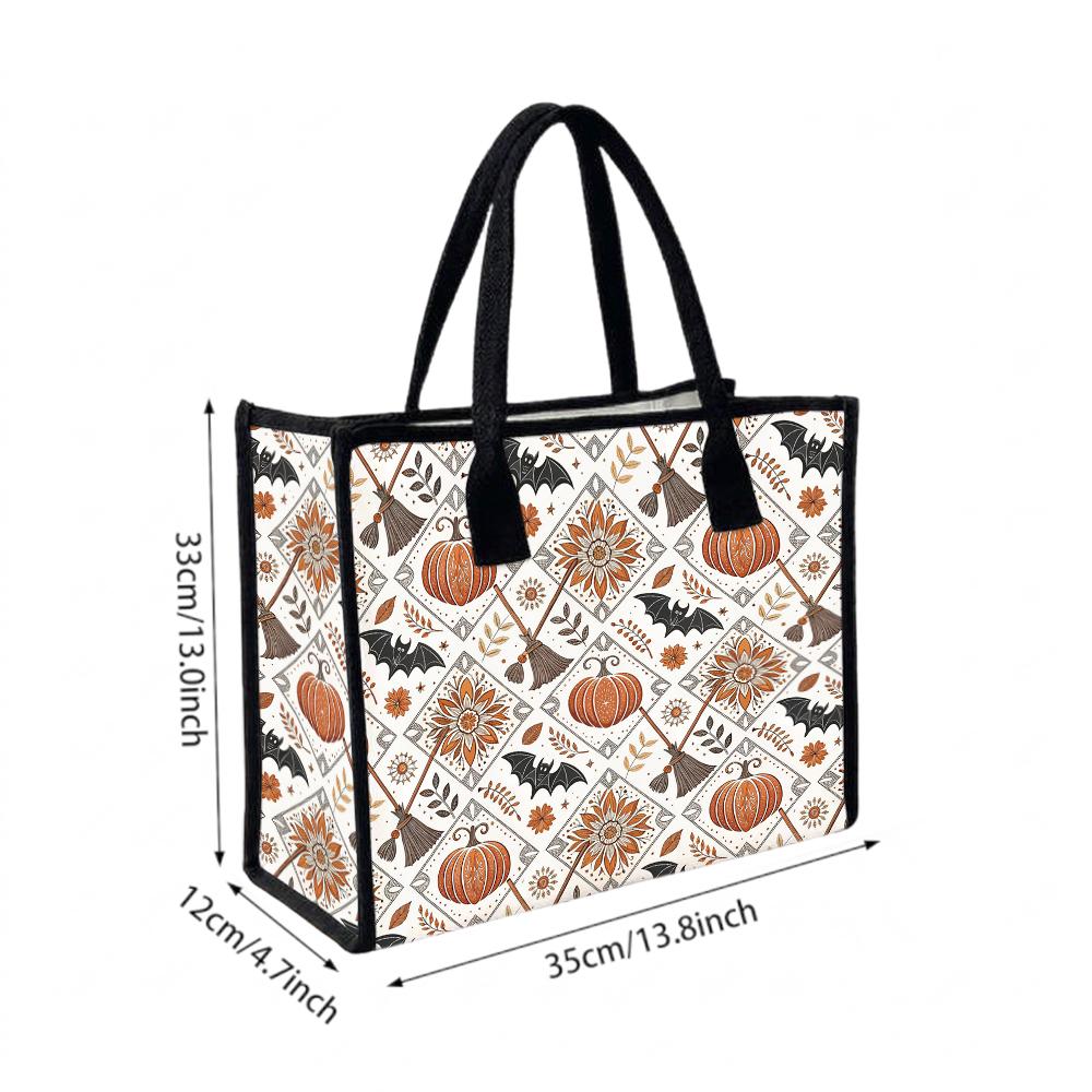 Boho Halloween Tote Bag Pumpkin Bat Pattern Casual Handbag for Daily Shopping