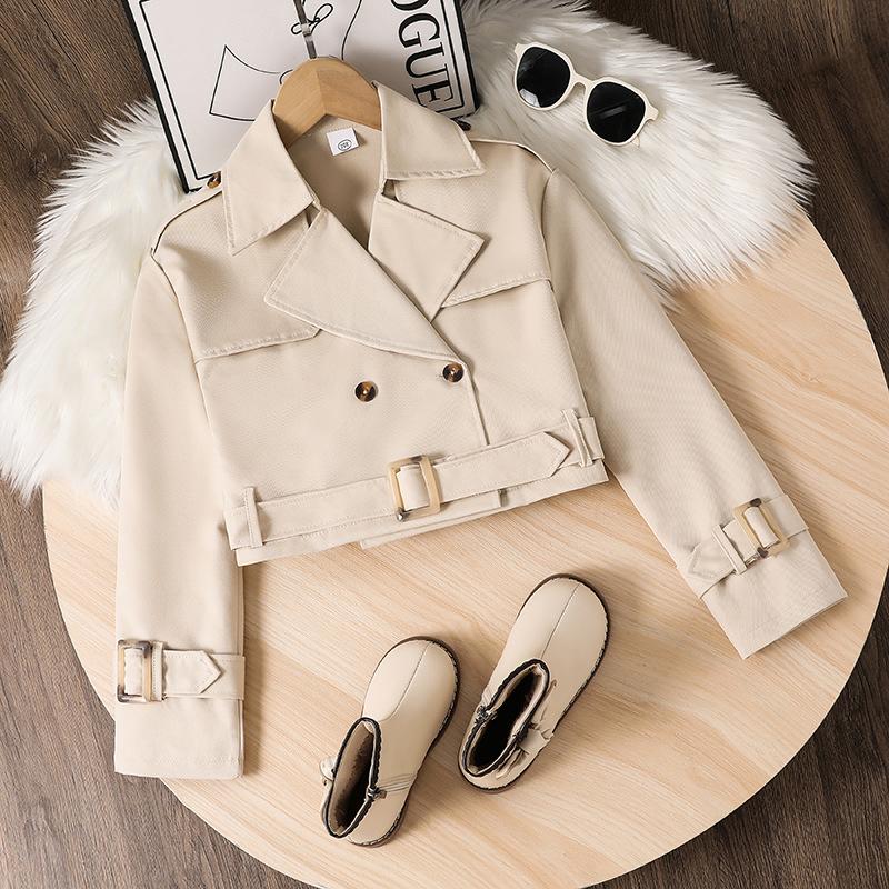 

Autumn New Big Children s Women s Clothing European and American Style Belted Long Sleeve Short Casual Trench Coat Jacket 8Y