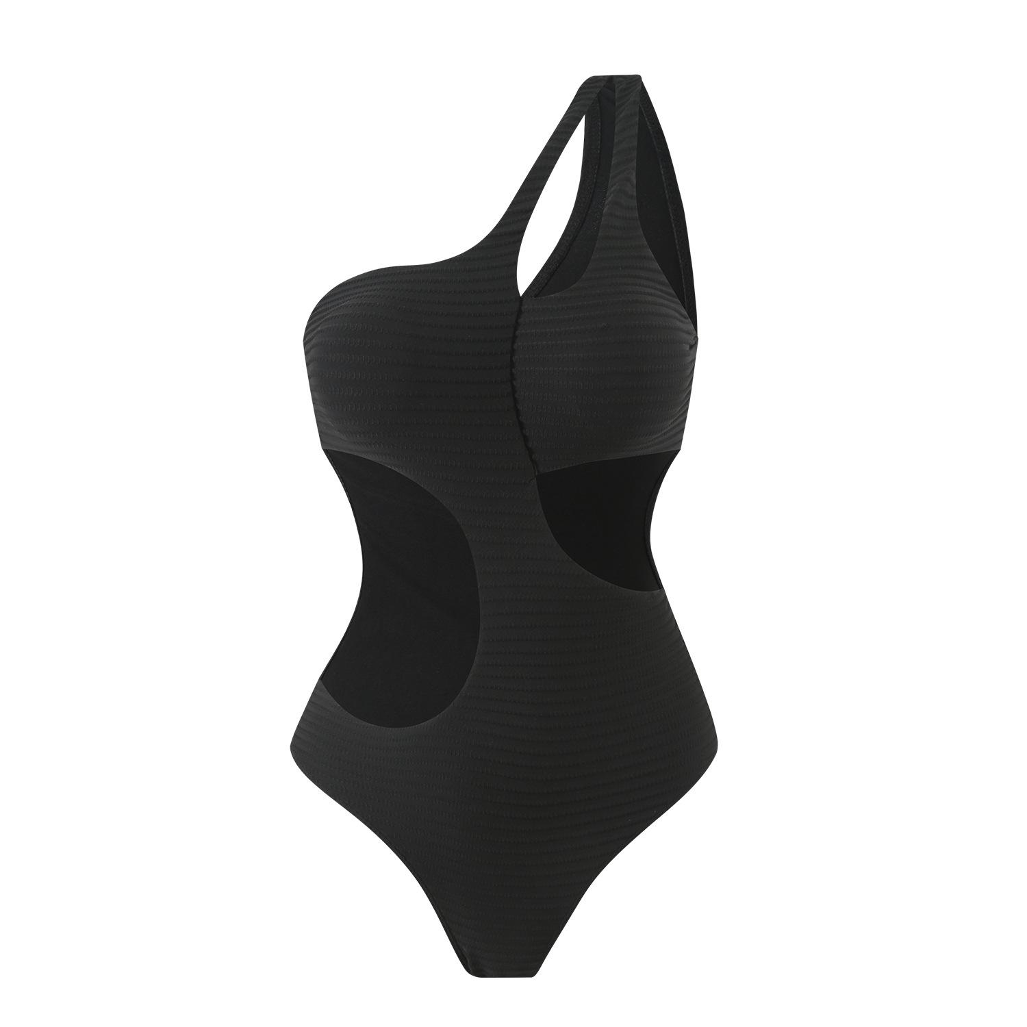 European and American solid color shoulder sexy hollow one-piece swimsuit bikini bikini S чёрный