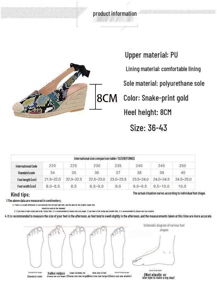European & American Snakeskin Pattern Jute Wedge Women's Closed-Toe Backless Summer Sandals, Plus Size High Heel Shoes