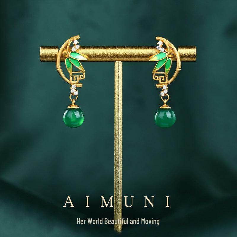 Squisiti Orecchini in Argento 925 con Foglia di Bambù Verde e Calcedonio: Stile Cinese Antico