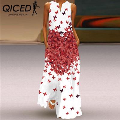 Summer Women's Sleeveless Long V-Neck Printed Jade Flower Dresses