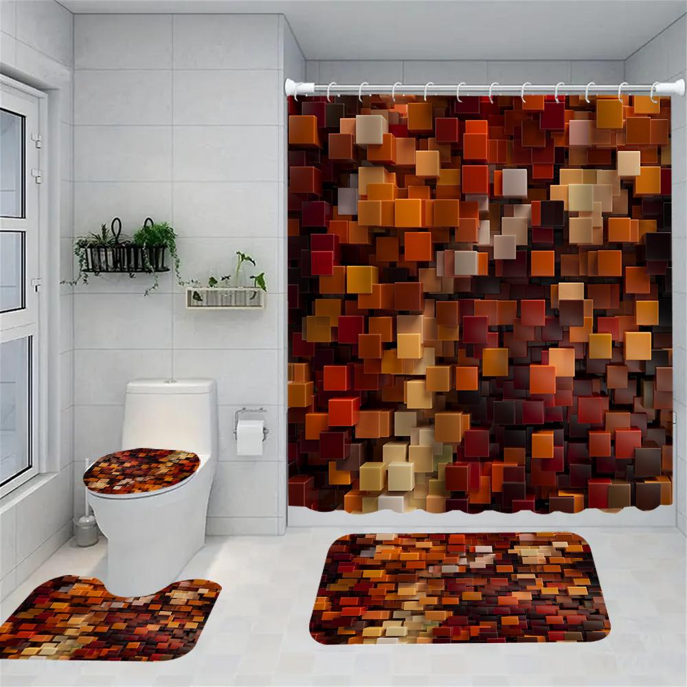 

1/4 Геометрические блоки Занавески для душа, Украшение сиденья для унитаза, Занавеска для душа с ковриком и крышкой для унитаза, 12 крючков 70,8X70,8 дюйма 180*180cm