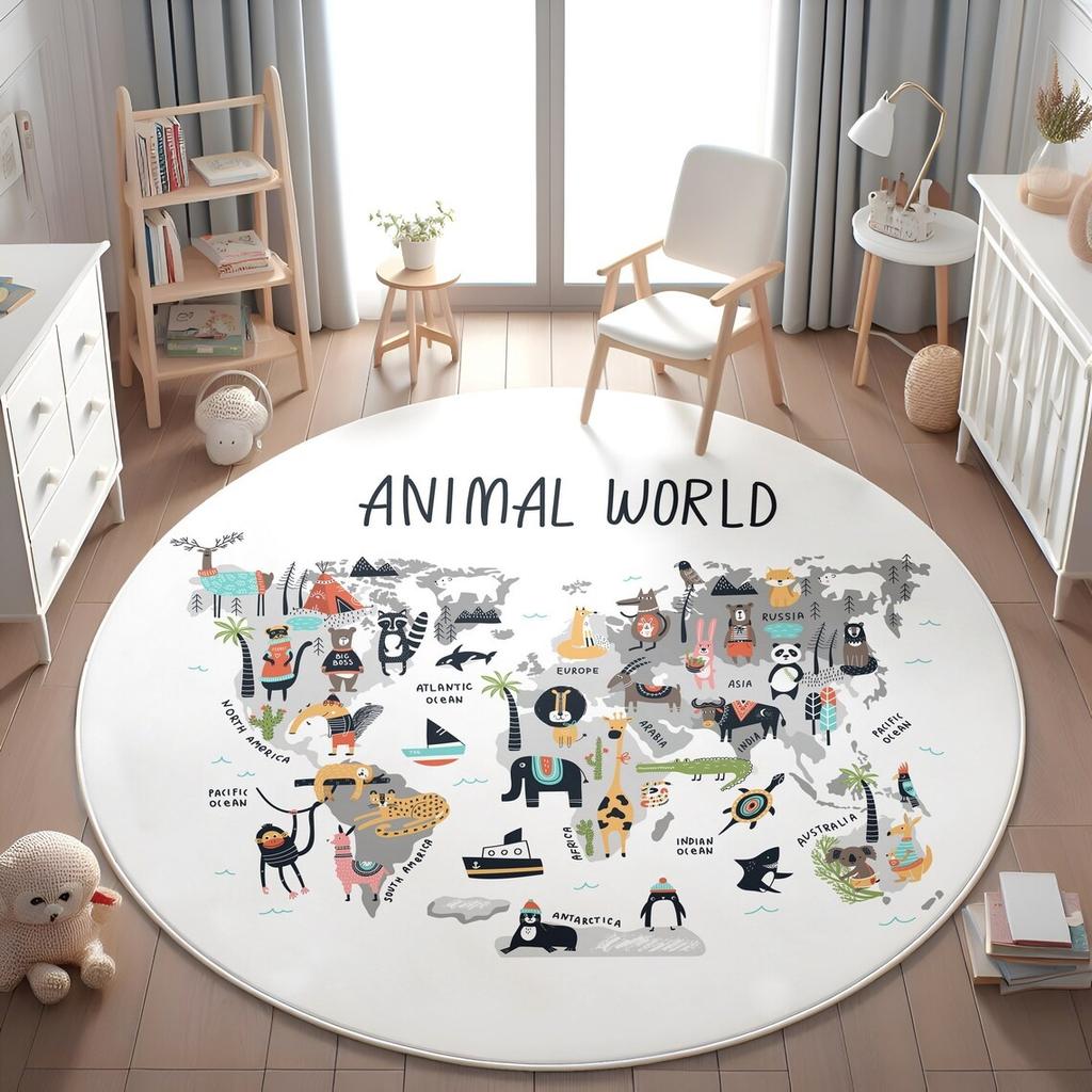 Learning Animal Playmat Giraffe Lion Baby Kids Playroom Mat World Map NonSlip Mat Safari Round Rug Kid's Animals Printed Rug