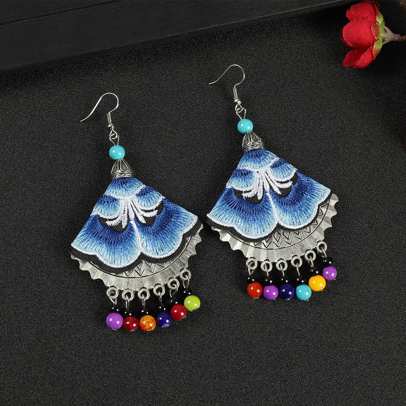 A few embroidered fabric earrings, long tassel personalized fan earrings, women's retro Miao flower earrings