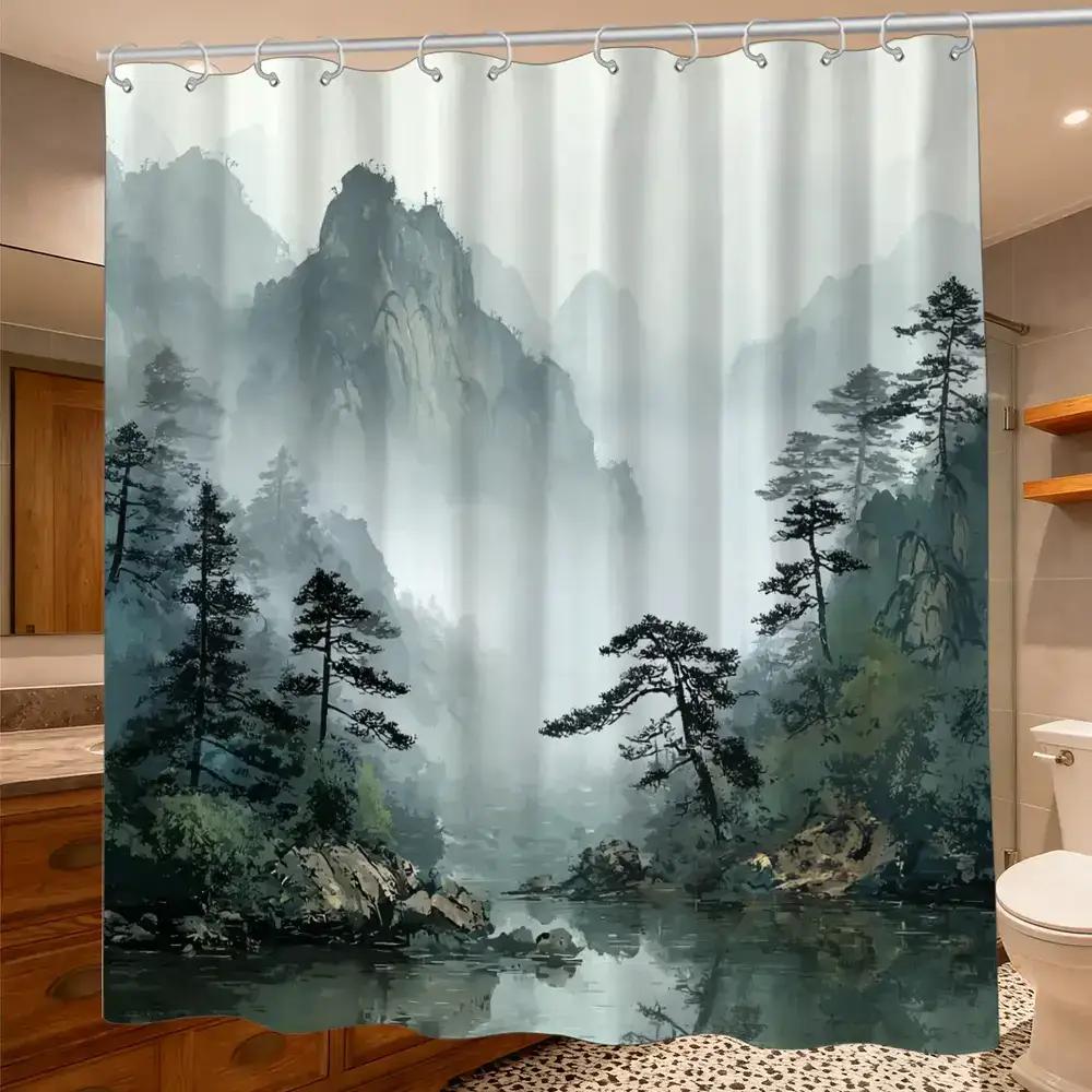 

Ink Wash Landscape Shower Curtain – Chinese Shan Shui Painting Style, 12 Hooks, 70.87×70.87 Serene Bathroom Decor W60H190(CM)-1 Pcs