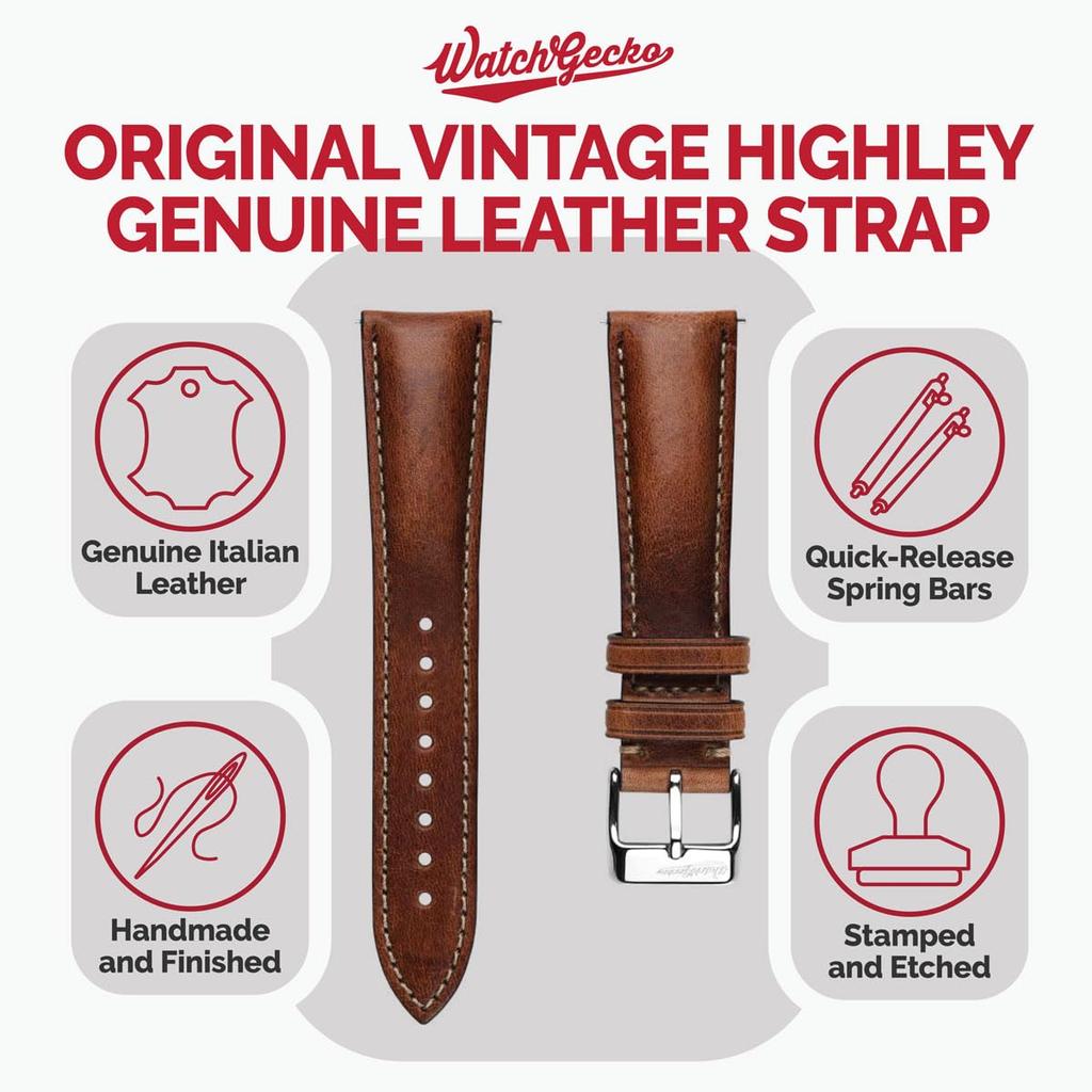 WatchGecko Vintage Highley Italian Leather Watch Strap 20mm (Red Brown, Quick-Release)